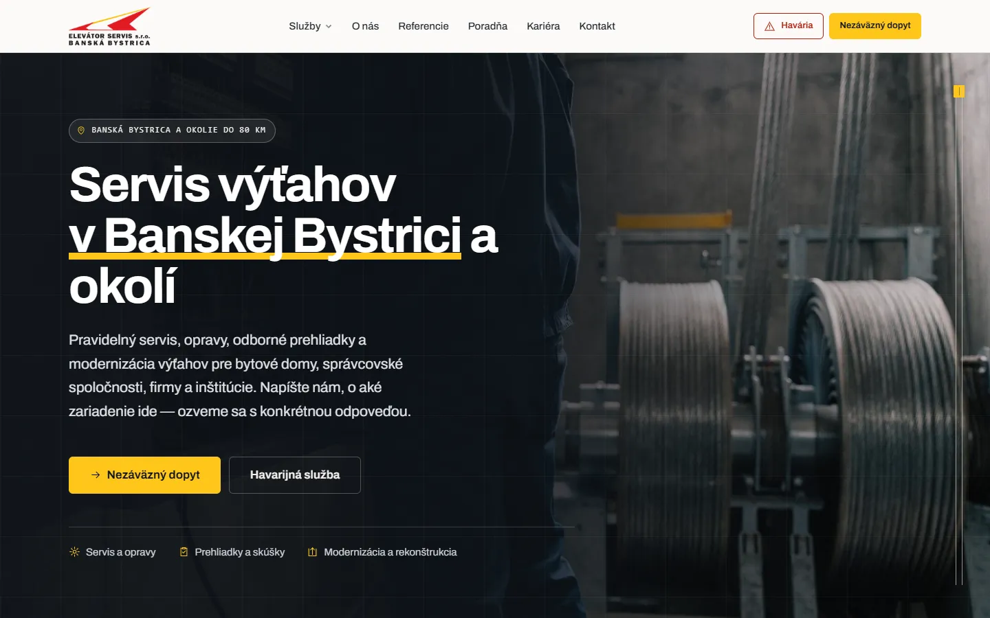 Úvodní obrazovka webu Elevátor Servis